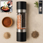 Front view of 2-in-1 stainless steel salt and pepper grinder with dual chambers