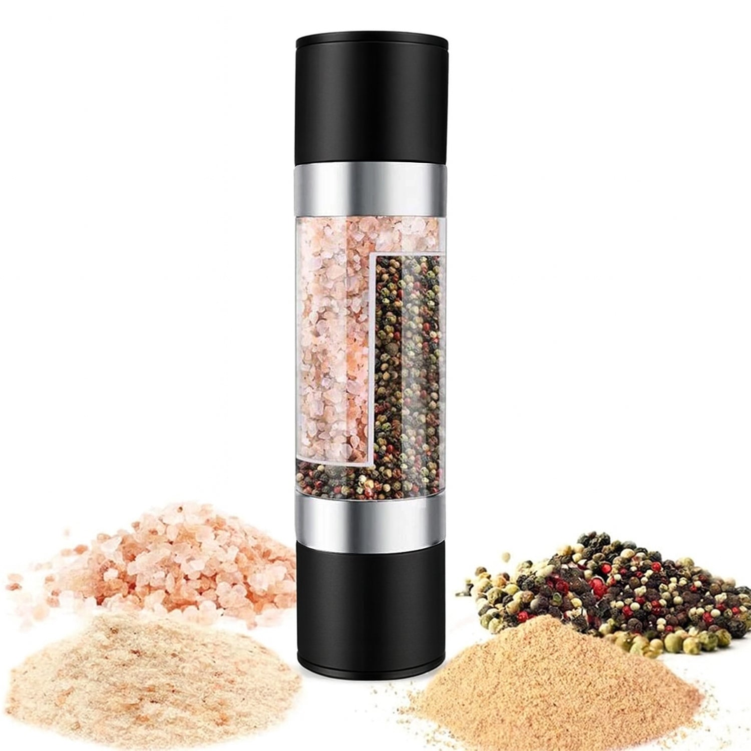 Salt and pepper grinder with adjustable coarseness settings dial