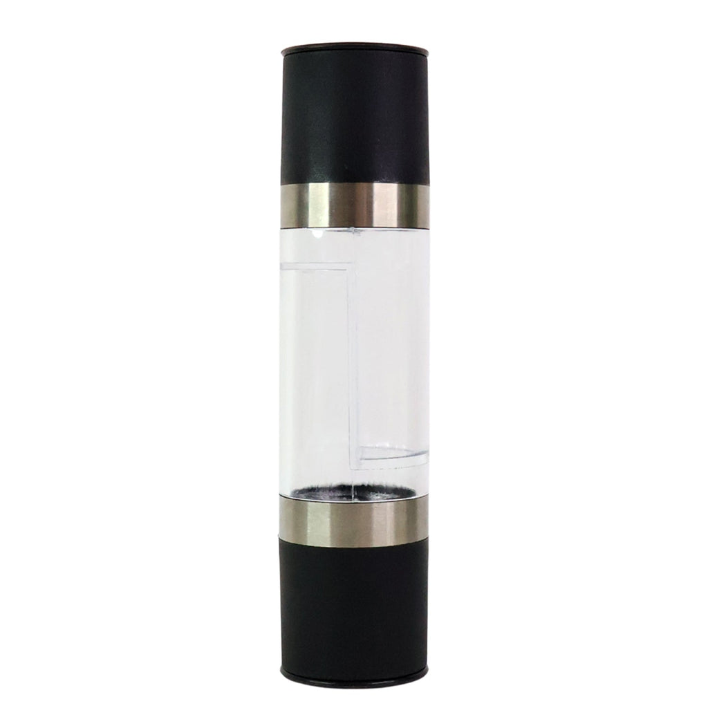 Clear acrylic chamber displaying salt and peppercorns inside grinder