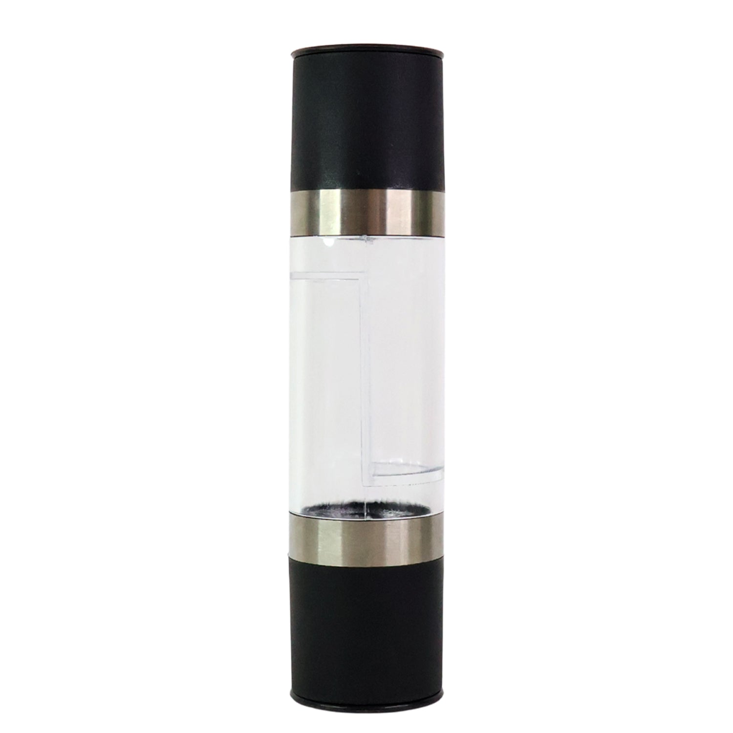 Clear acrylic chamber displaying salt and peppercorns inside grinder