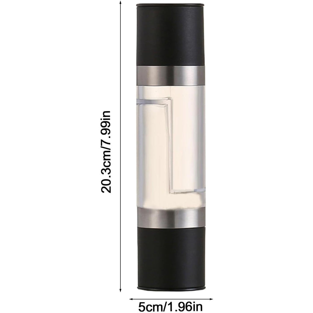 Manual dual-chamber salt and pepper grinder being used in kitchen