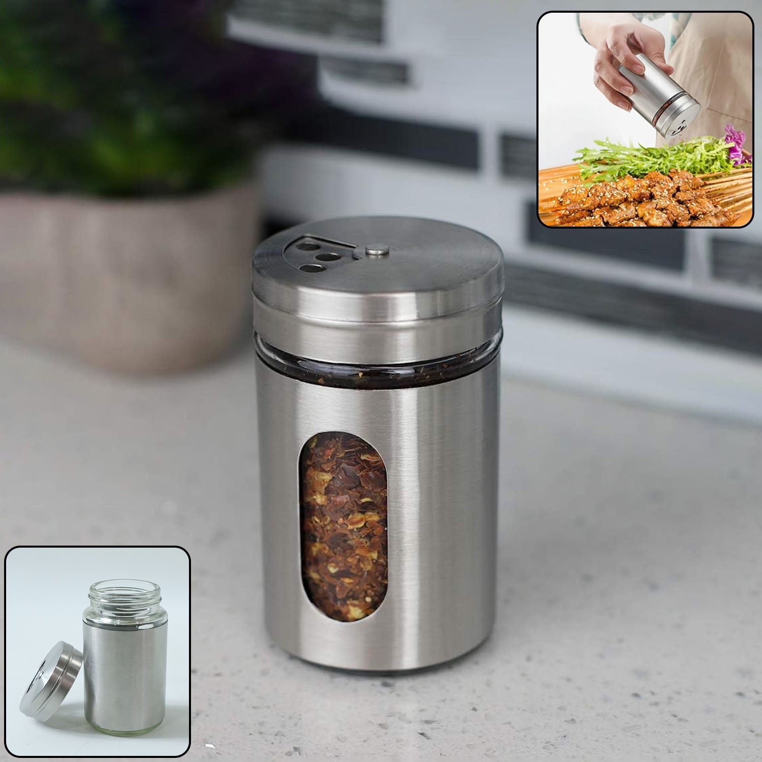 Stainless steel spice jar with transparent window showing spices inside