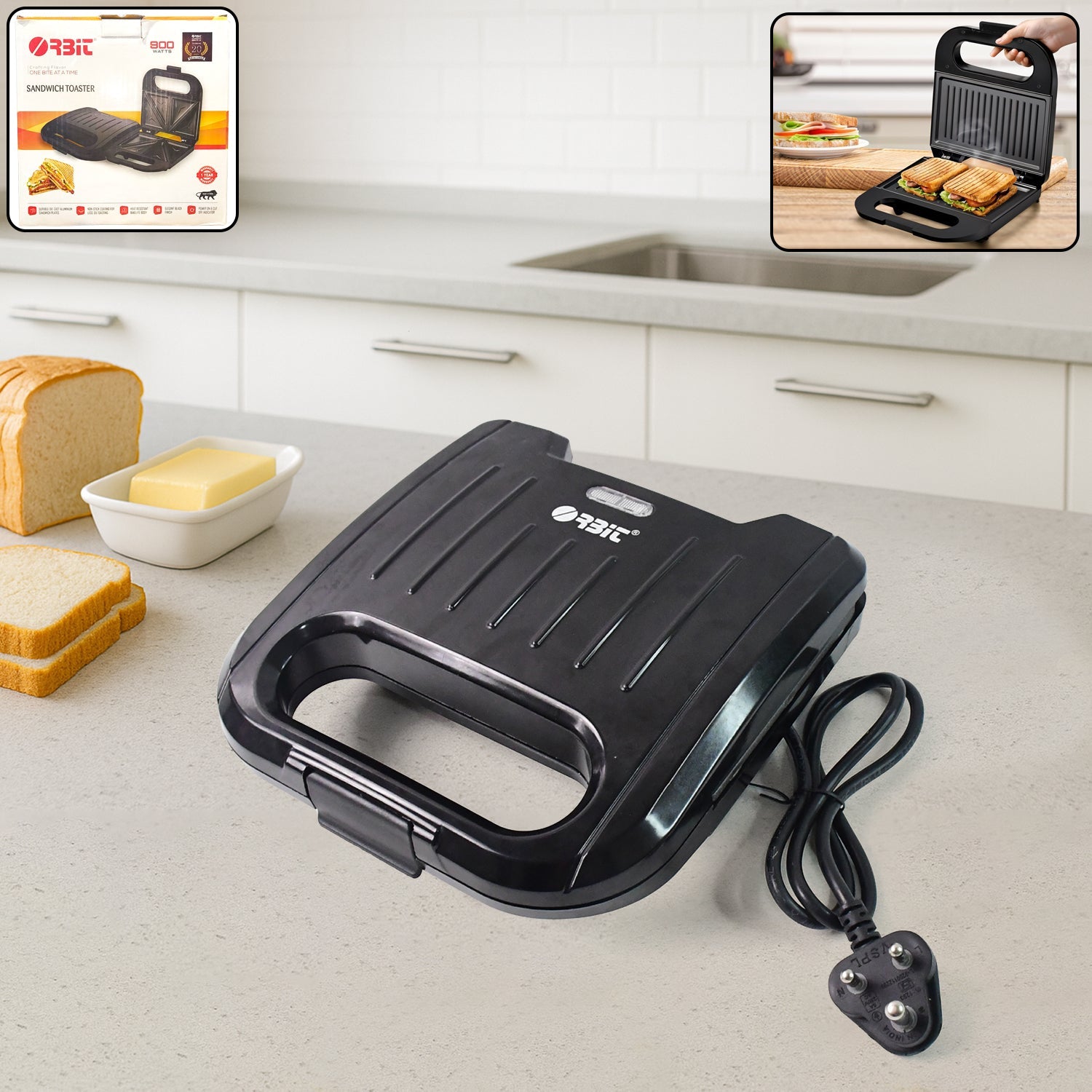 Orbit sandwich toaster maker showing 800W power for fast toasting