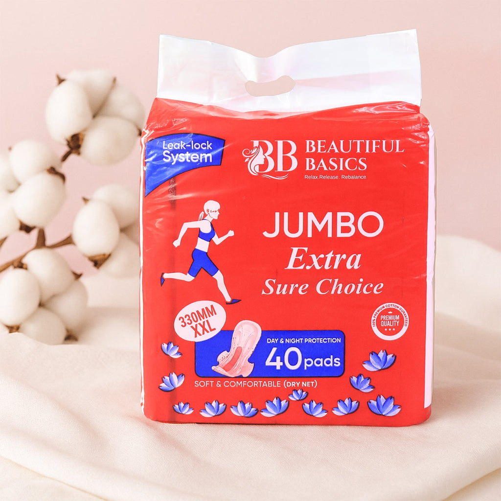 Box of Beautiful Basics XXL 40 sanitary pads offering long-lasting heavy flow protection.