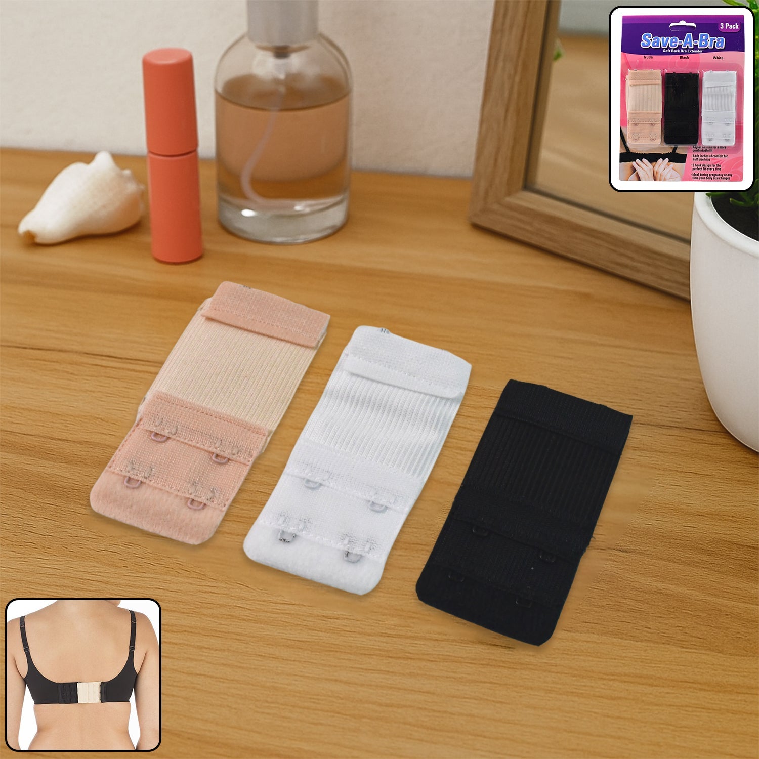Adjustable bra extender set with 2-hook in skin, white, and black colors lying flat