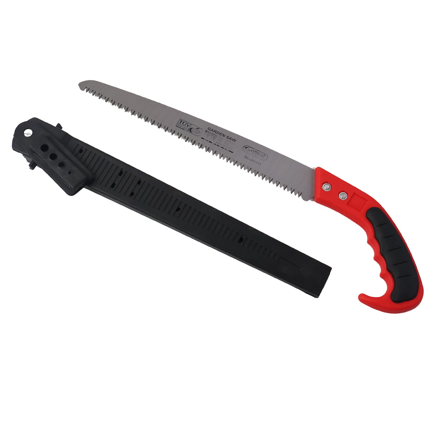 Pruning saw with ergonomic non-slip handle and protective sheath for safety