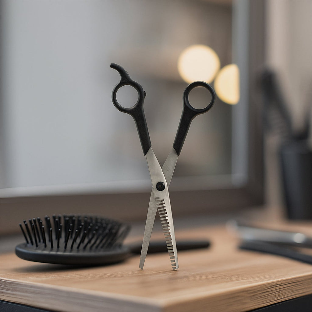 Side view of high-quality hair thinning scissors with precise blade teeth