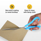 The ergonomic bent handle of the Carbo Titanium scissors for flat material cutting.