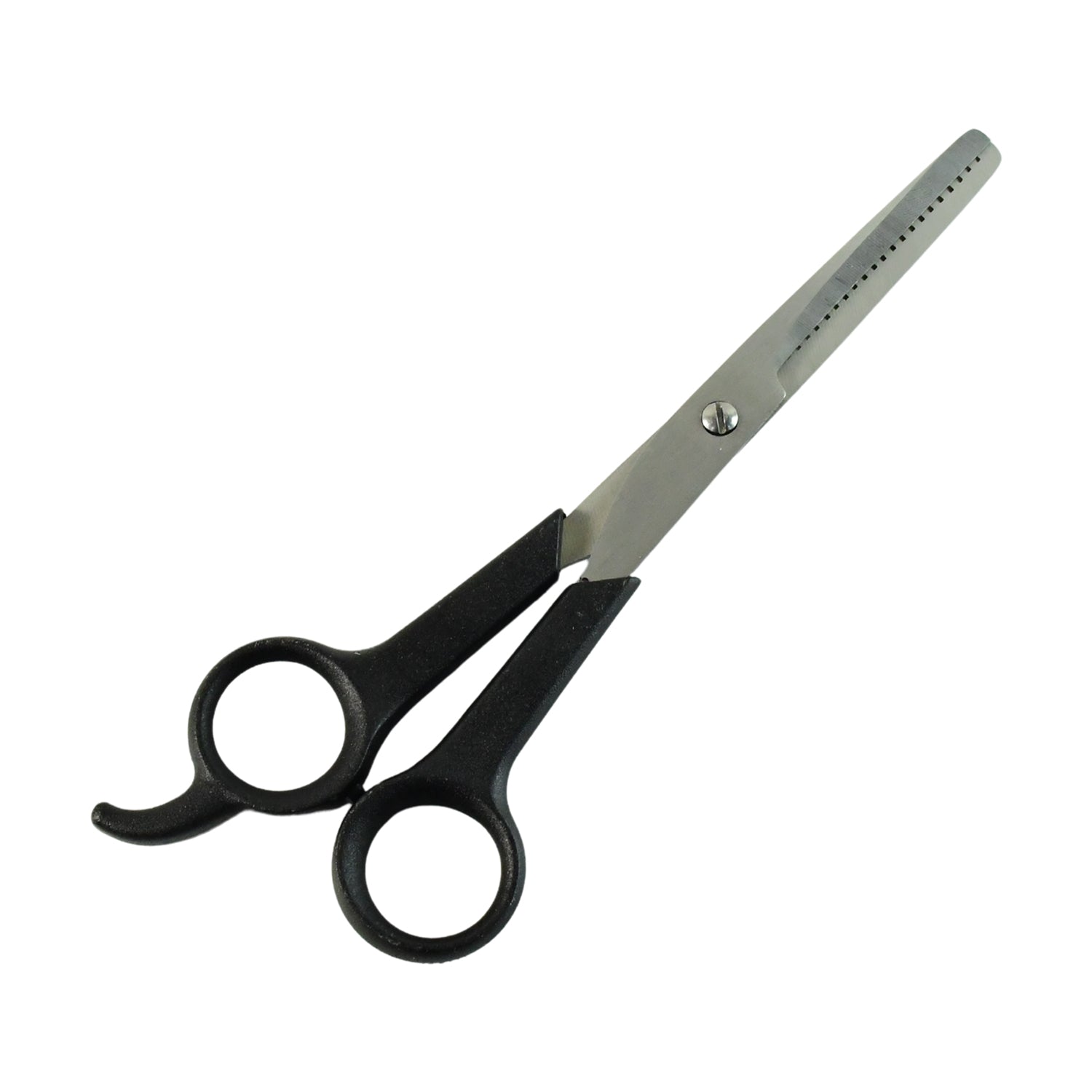 Professional hair thinning scissors in open position demonstrating smooth cutting action