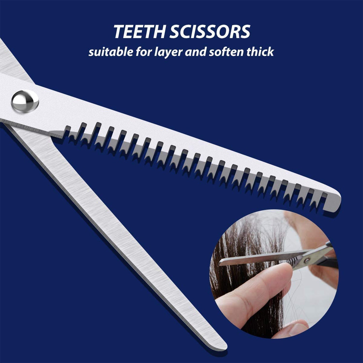 Close-up of salon hair thinning scissors highlighting blade and ergonomic handle