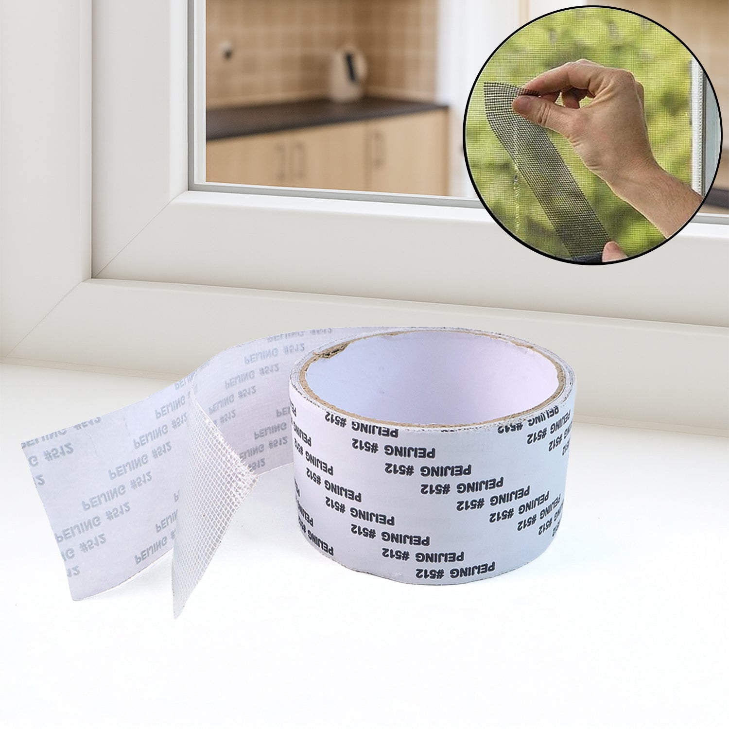 Example of mosquito net repair tape used to fix torn screen mesh