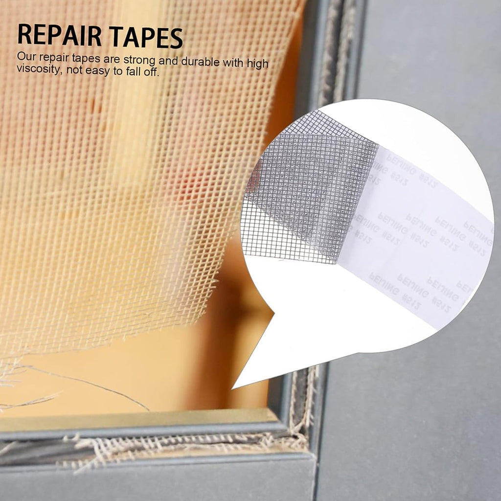 Screen repair tape sealing holes and tears to keep mosquitoes out
