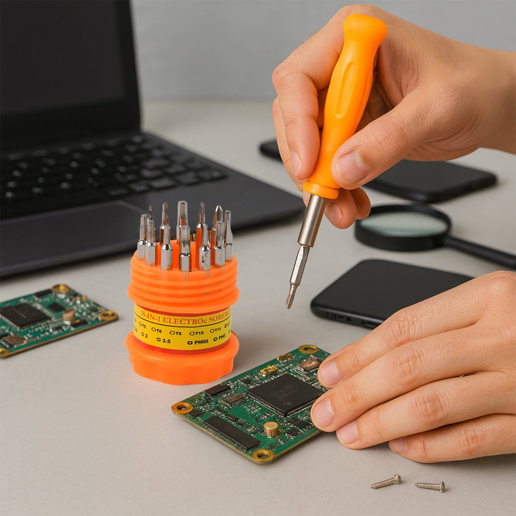 Precision screwdriver tool set showing ergonomic handle and bits