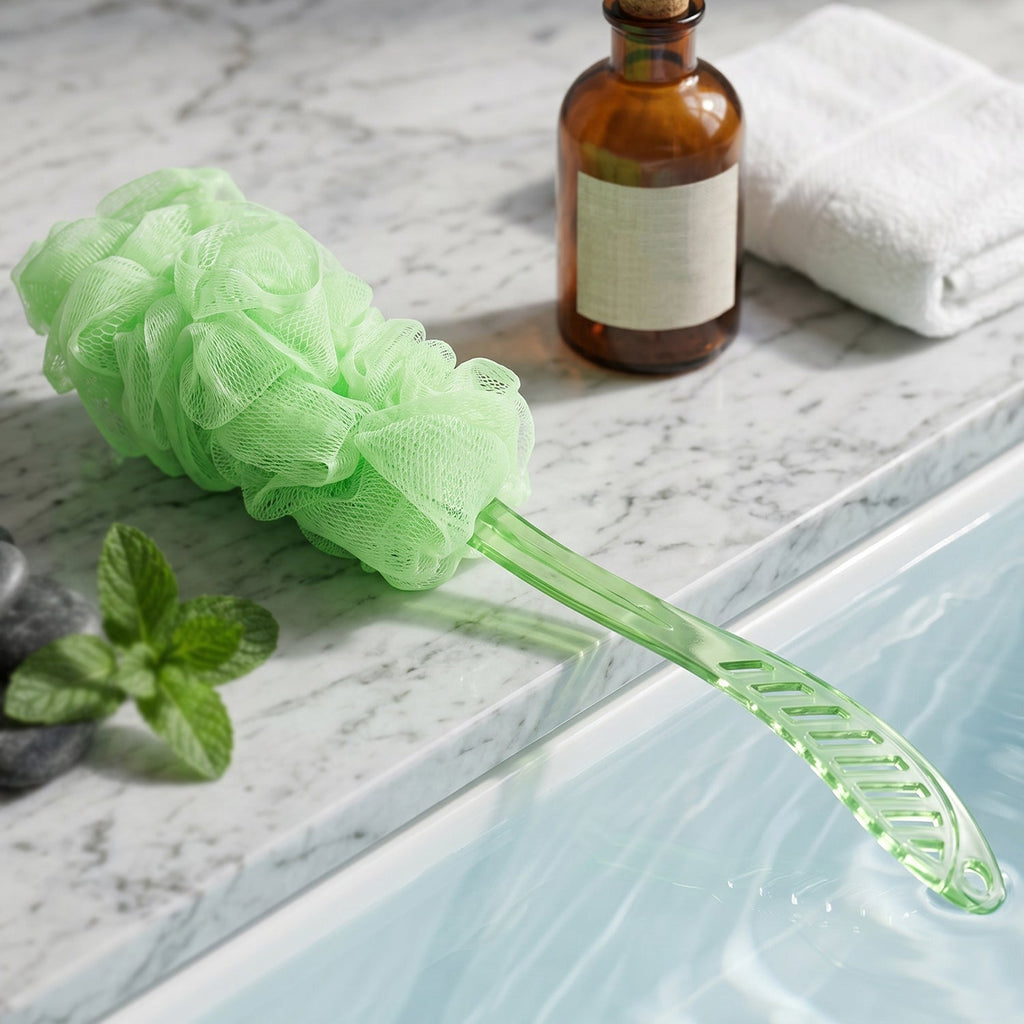 Side profile of the long handle bath loofah brush, highlighting its extended reach.