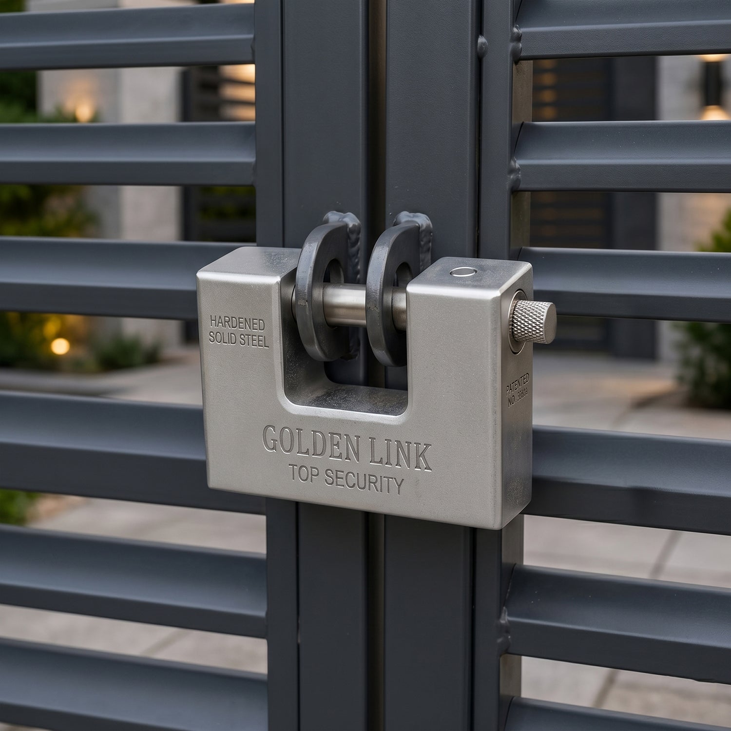94mm security padlock securely fastened on a wooden gate latch.