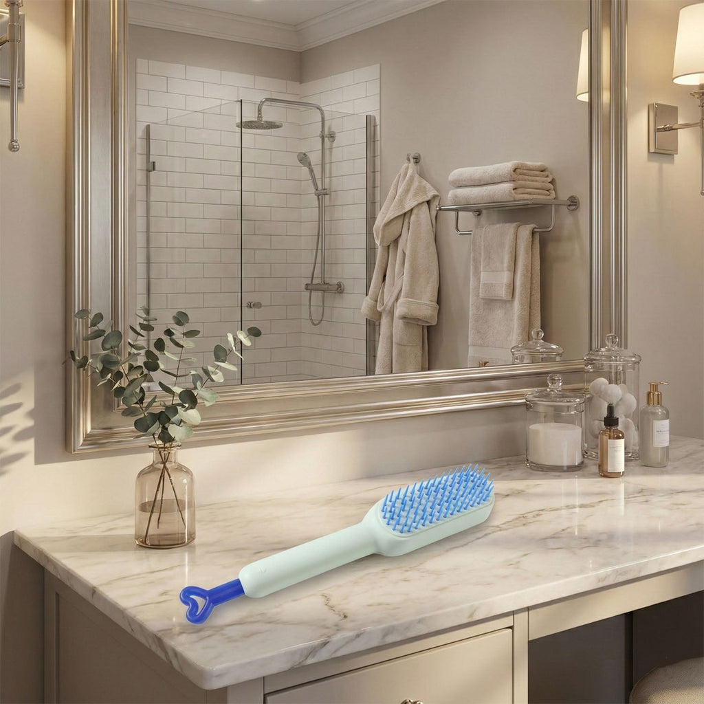 Woman holding the Self-Cleaning Hairbrush, ready for daily hair grooming