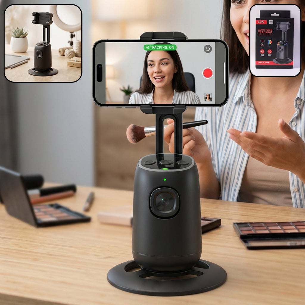 AI face tracking mobile holder stand with 360-degree rotation for live streaming