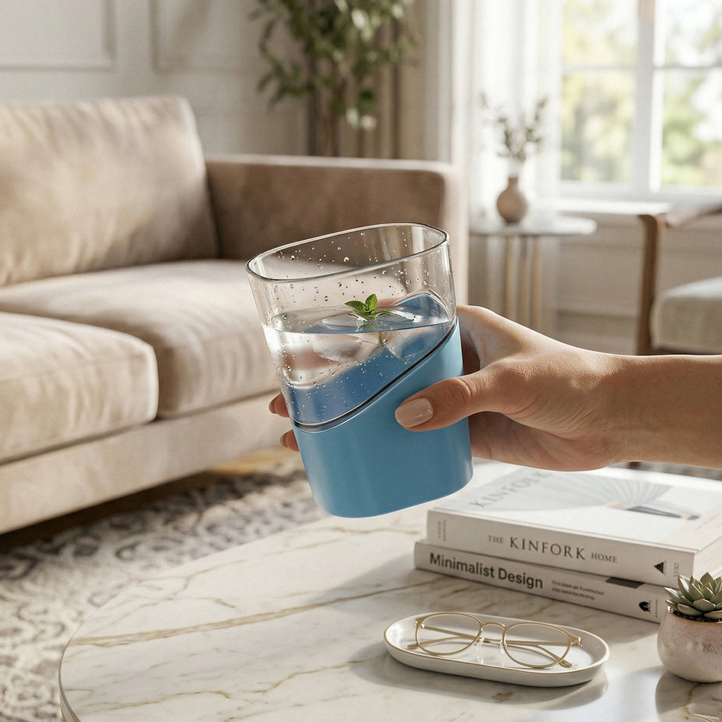 Close-up of plastic selo glass showing stylish slanted design and grip base