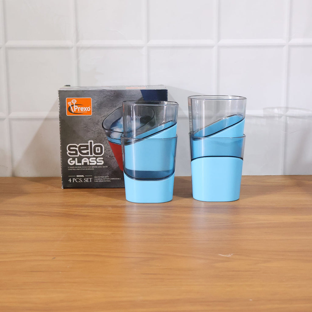 Lifestyle image showing the set of four colorful plastic selo glasses