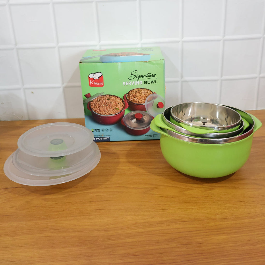 Serving bowl set designed for food prep, storage, and serving