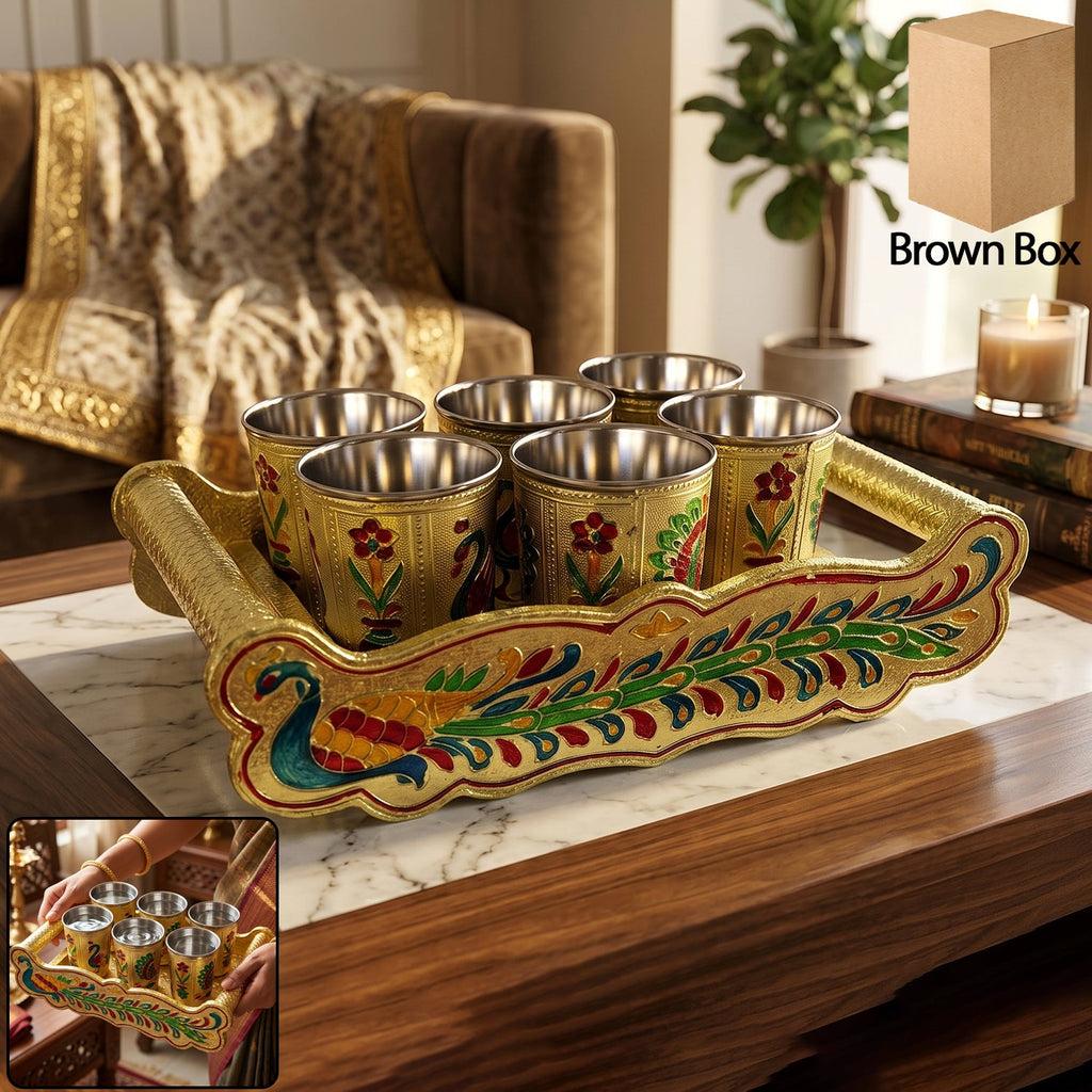 Complete Minakari serving tray set with handle and matching glasses.