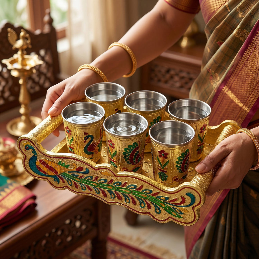 Handcrafted Minakari glass set displayed on a decorative tray.