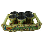 Elegant stainless steel serving tray with intricate Peacock Minakari design.