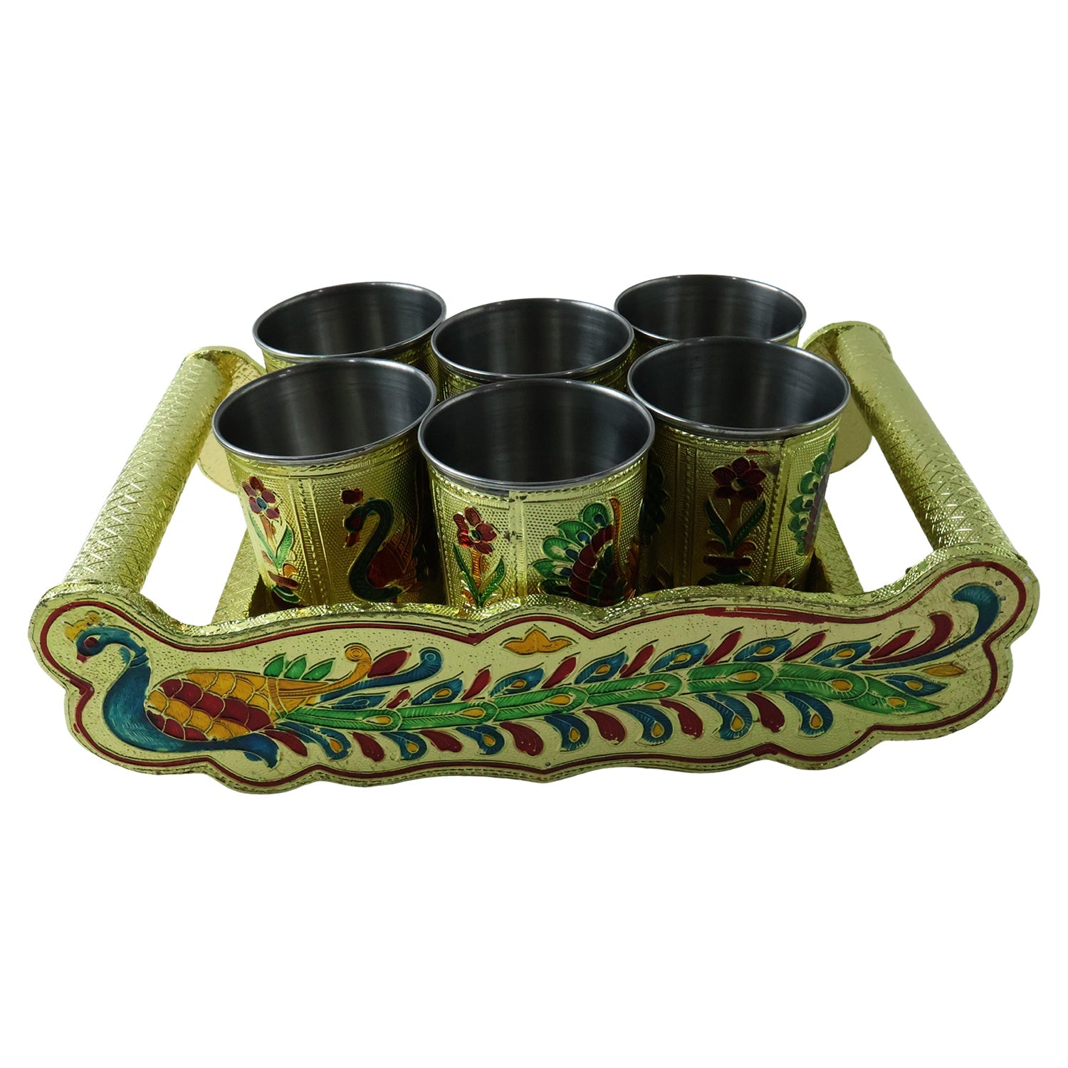 Elegant stainless steel serving tray with intricate Peacock Minakari design.