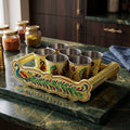 Peacock Minakari serving tray with 6 stainless steel glasses