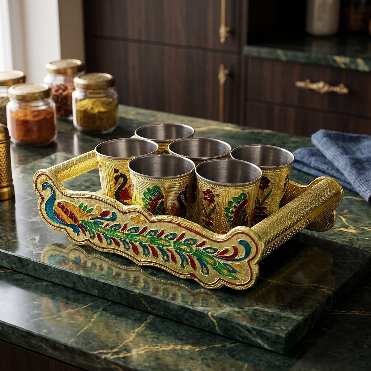 Peacock Minakari serving tray with 6 stainless steel glasses