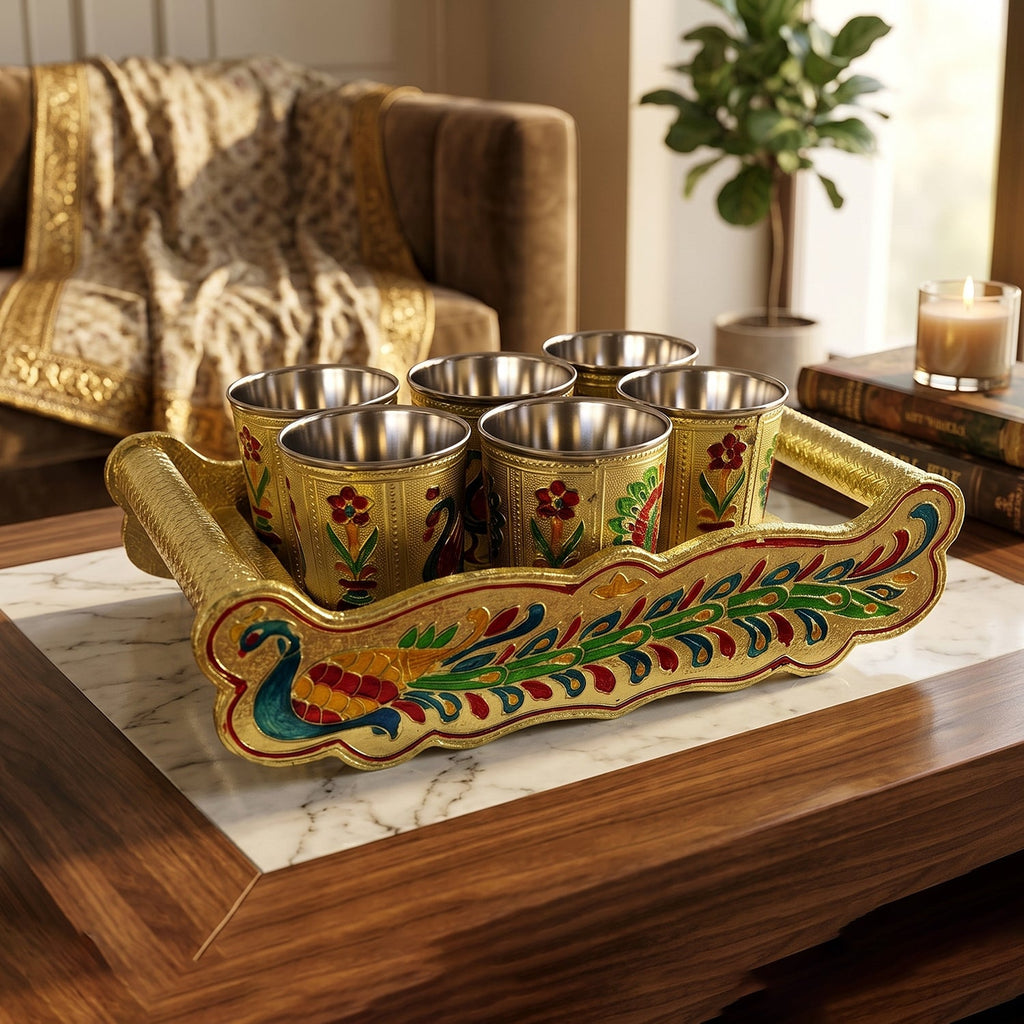 Beautifully arranged Minakari serving tray with six glasses.