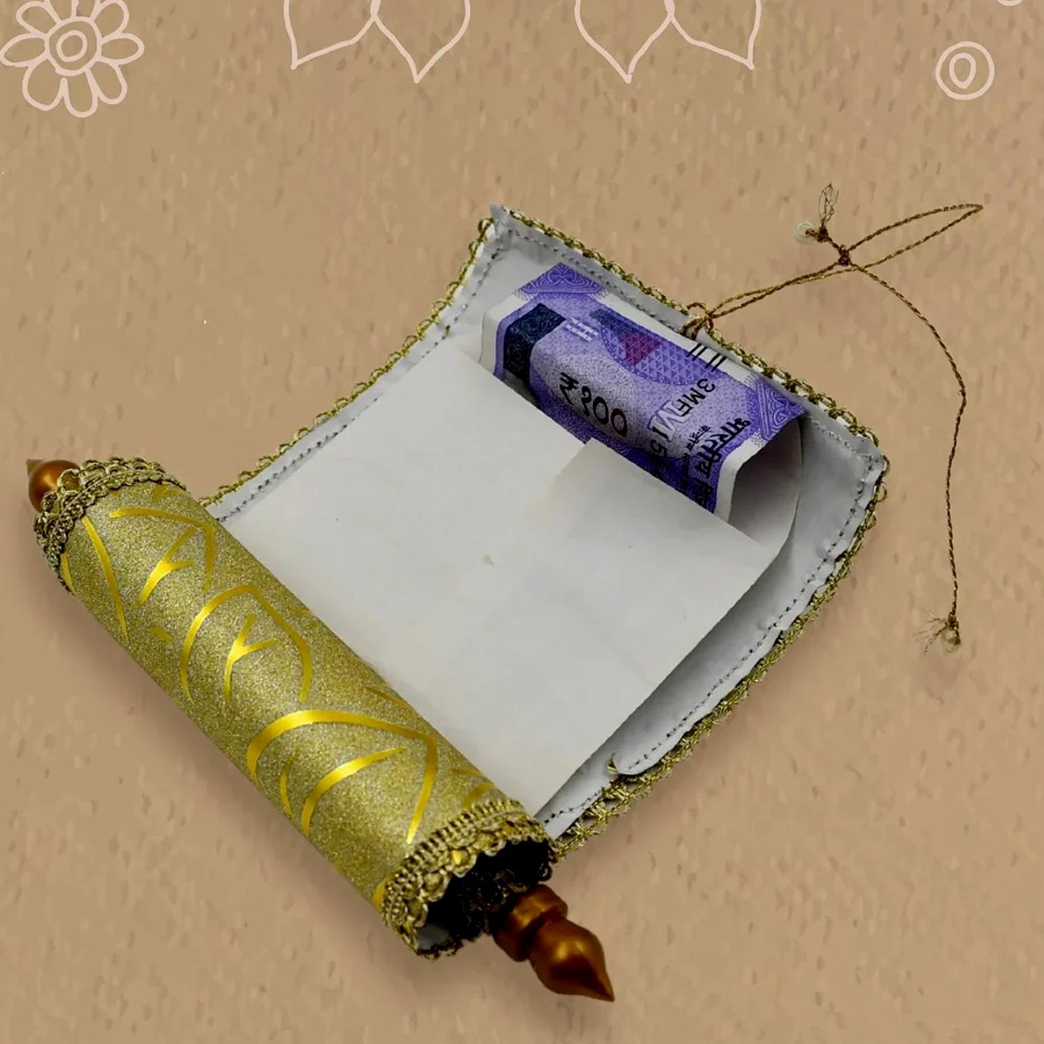 Detailed view of Money Gift Envelope Lifafa with fabric and golden lace