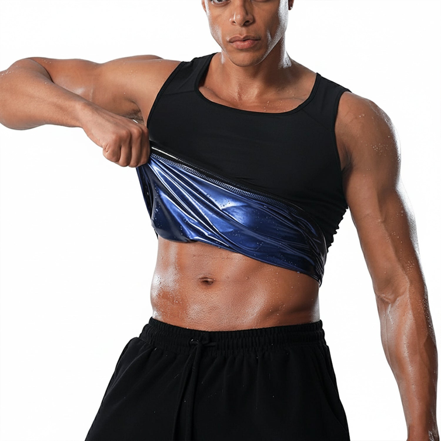 Side view of man wearing men's sweat shaper tank top for posture support