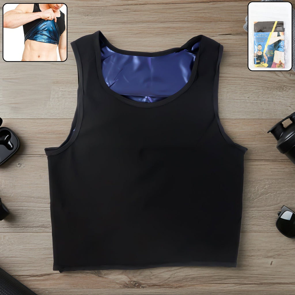 Front view of men’s slim fit neoprene sweat shaper tank top