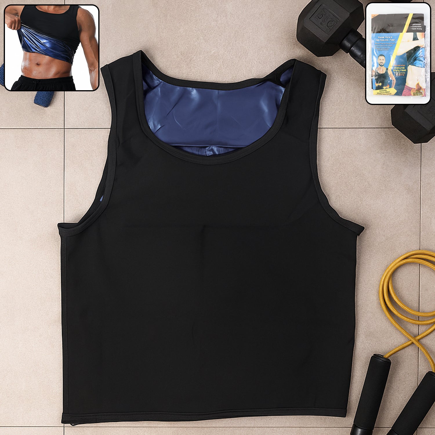 Front view of men’s slim fit sweat shaper tank top in neoprene