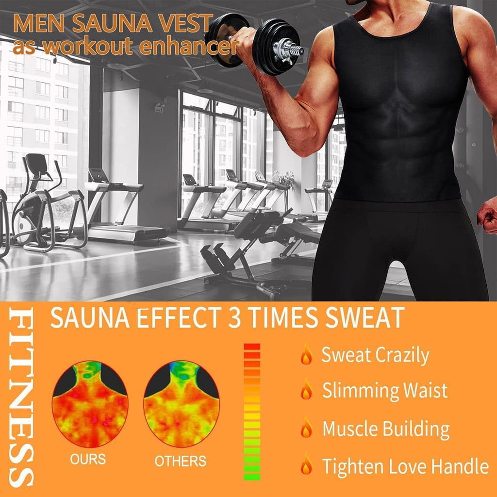Model wearing slim fit men’s sweat shaper tank top