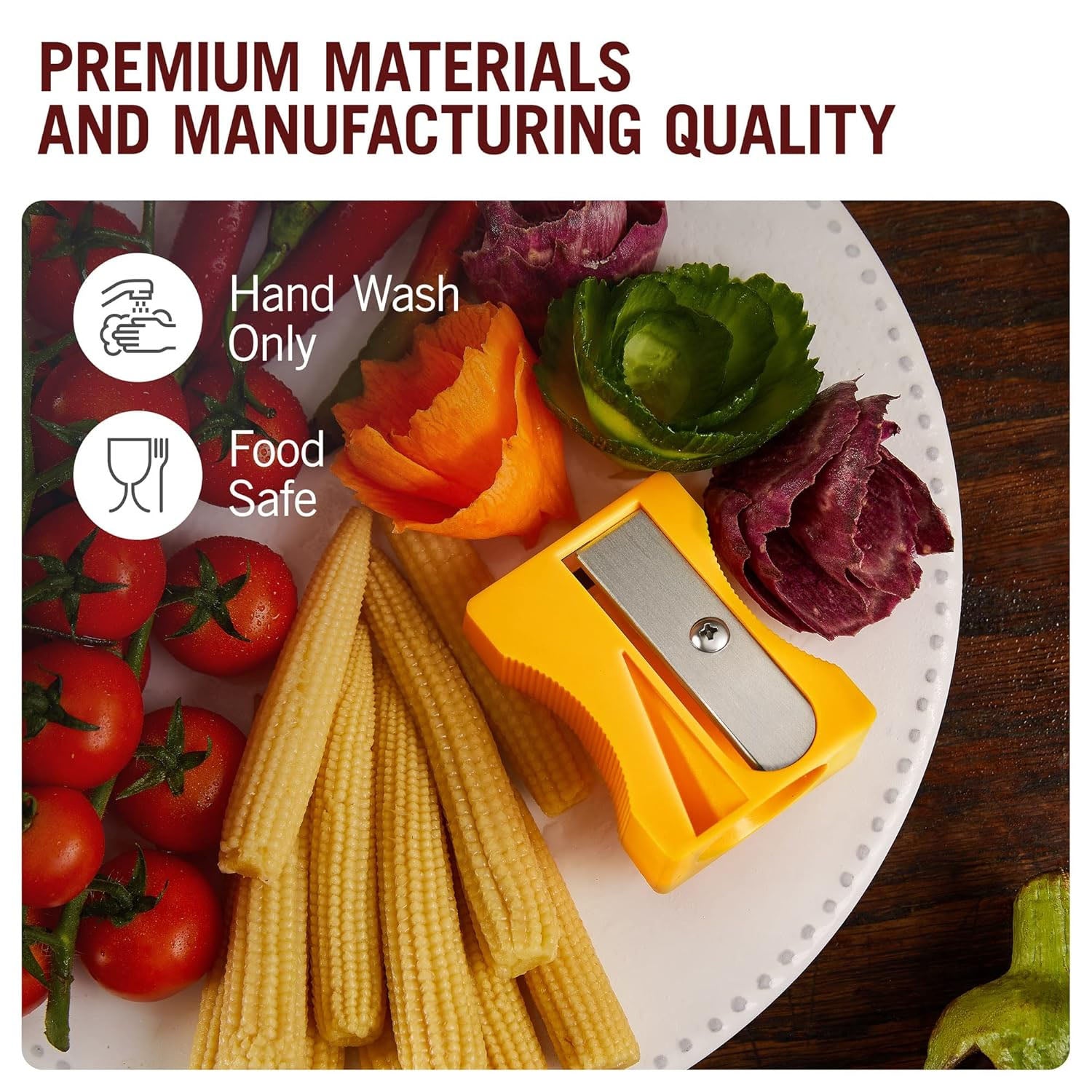 Top view of vegetable peeler & sharpener on kitchen surface