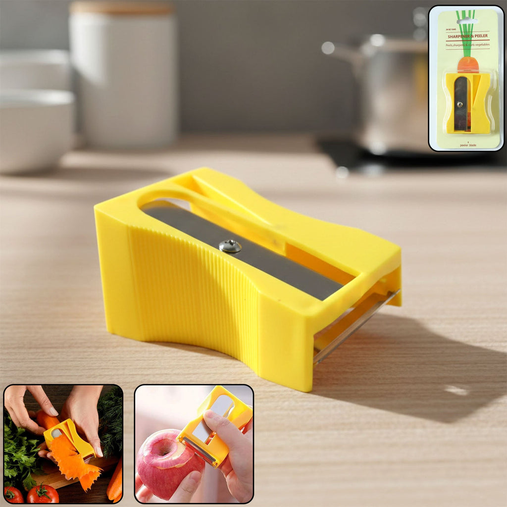 Close-up of multipurpose vegetable sharpener & peeler showing dual functions