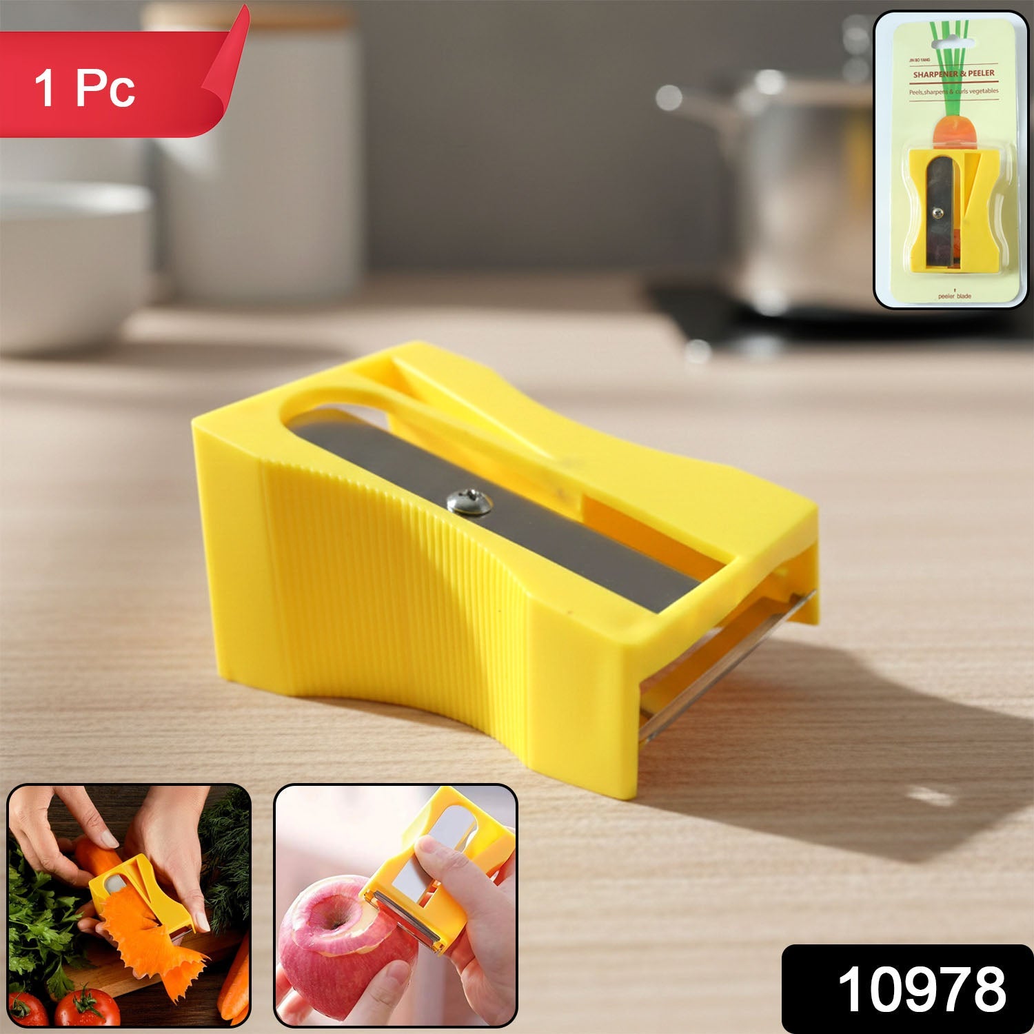 Hand holding vegetable sharpener & peeler demonstrating use