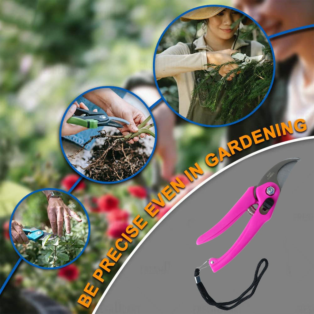 Stainless steel garden scissors resting on rich garden soil amongst green leaves.