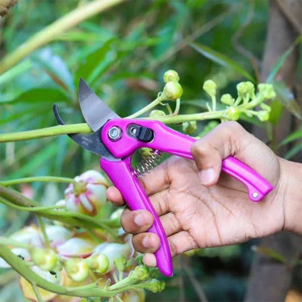 Detailed view of the ergonomic soft padded handles of the garden pruners.