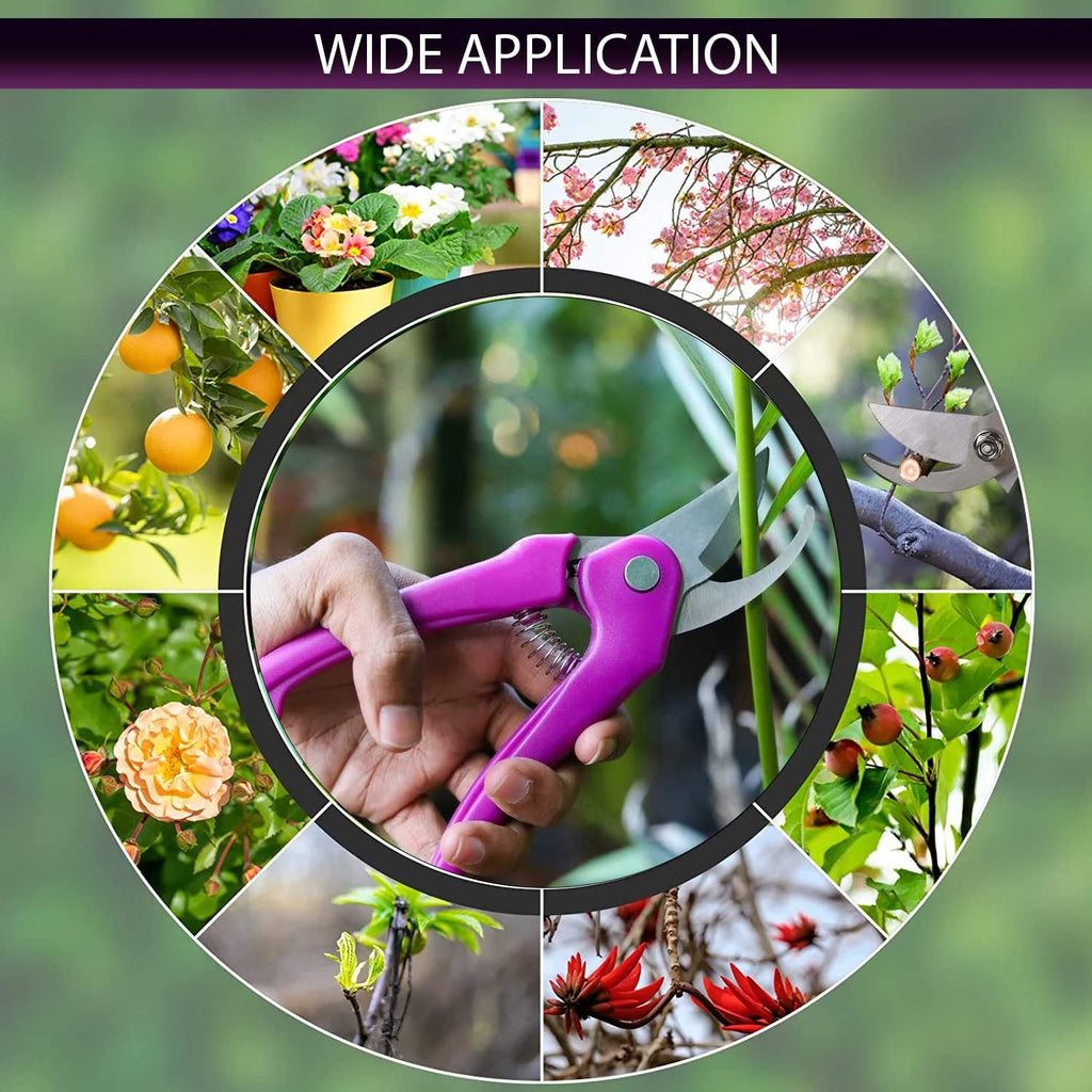 A gardener's hand using stainless steel garden scissors to trim a plant.