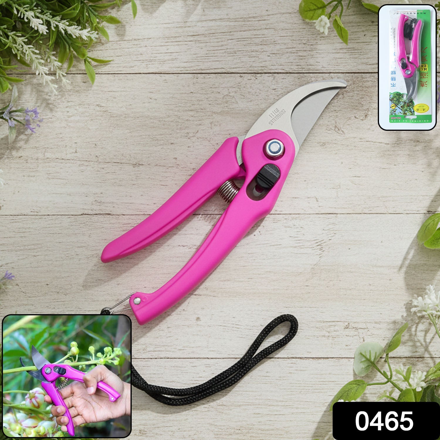 Close-up of the sharp, durable stainless steel blades of the garden scissors.