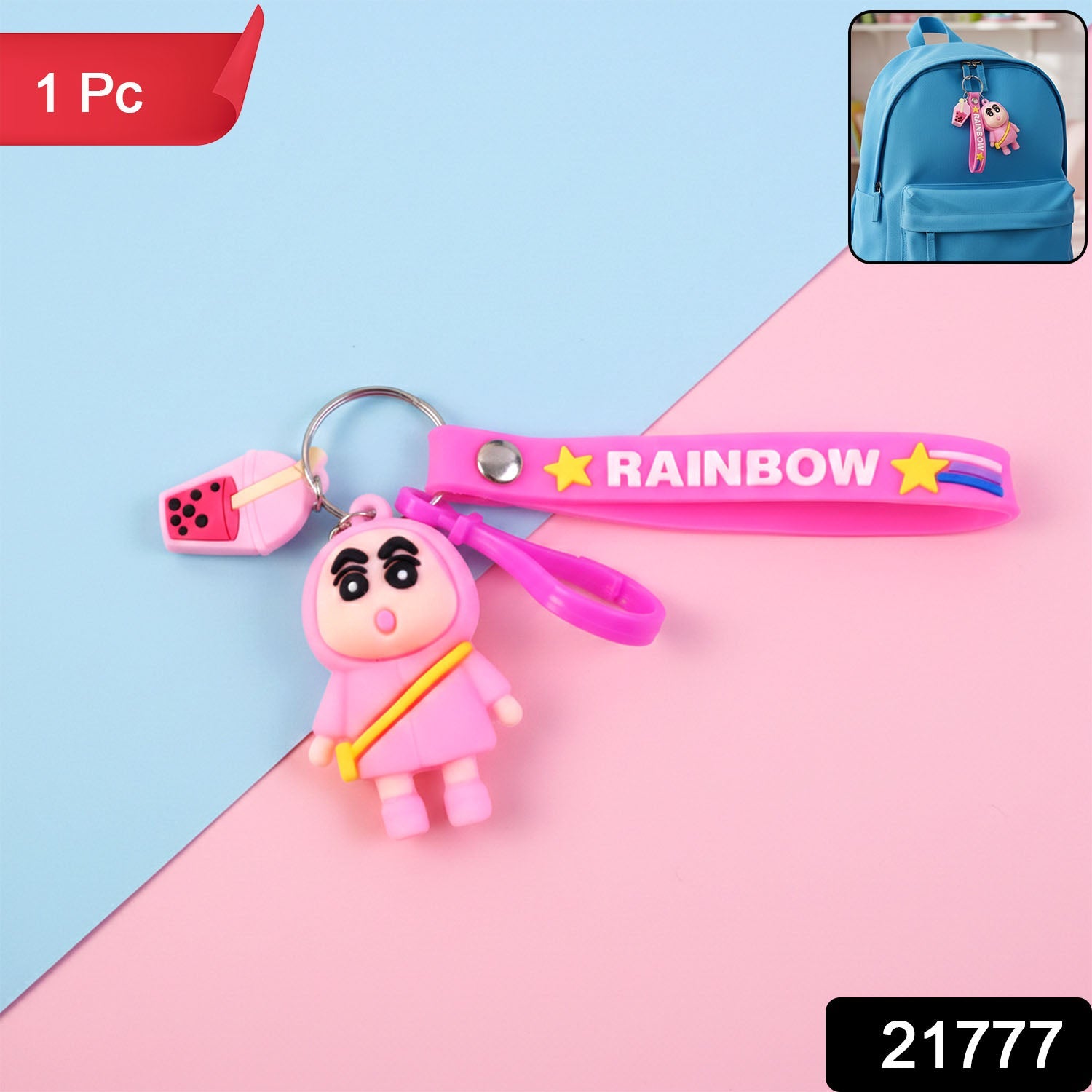 Close-up of vibrant rainbow strap on cartoon keychain for bags