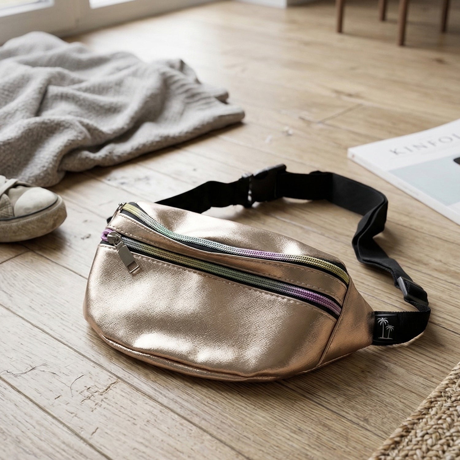 Side view of waist bag showing slim profile