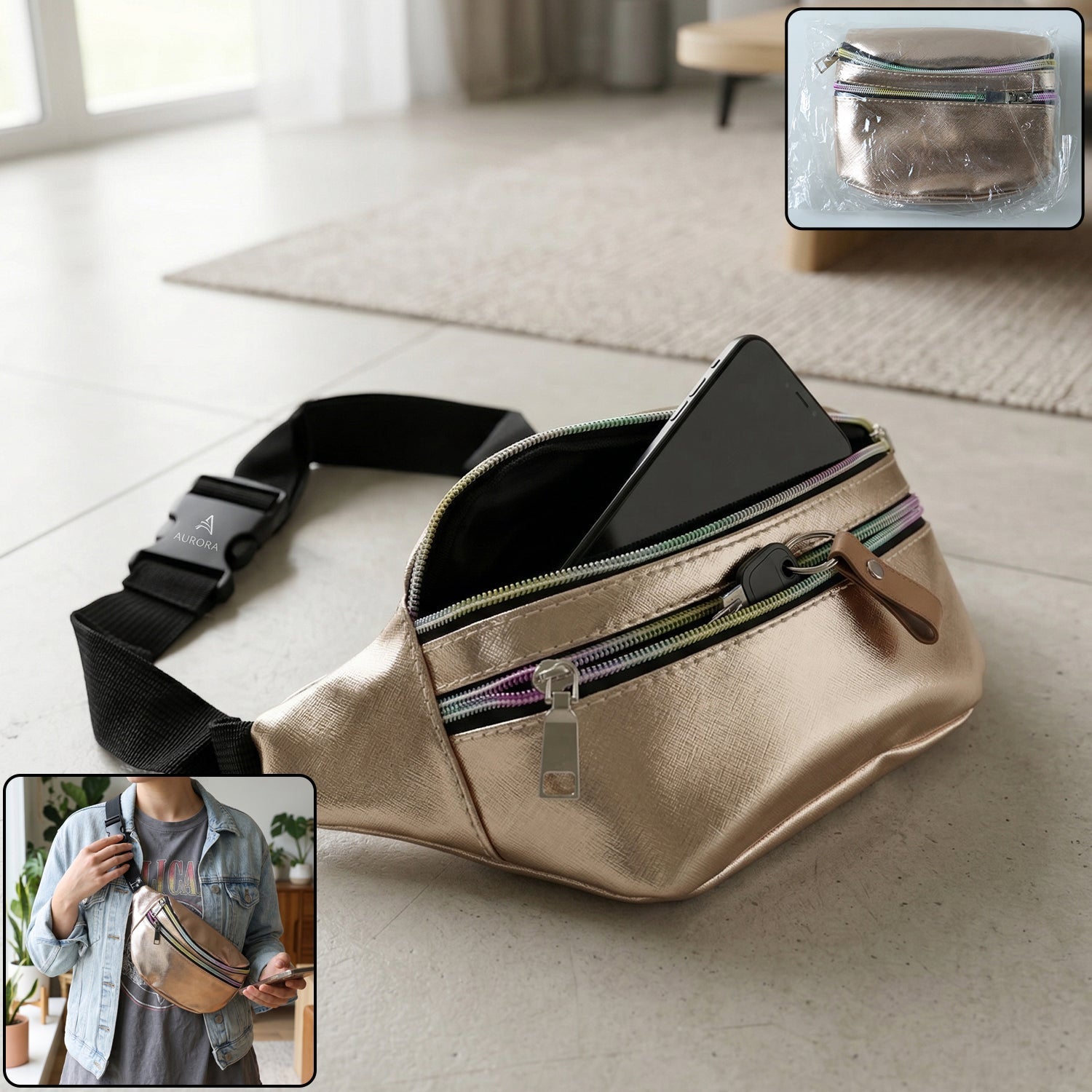 Front view of premium waist bag in modern style