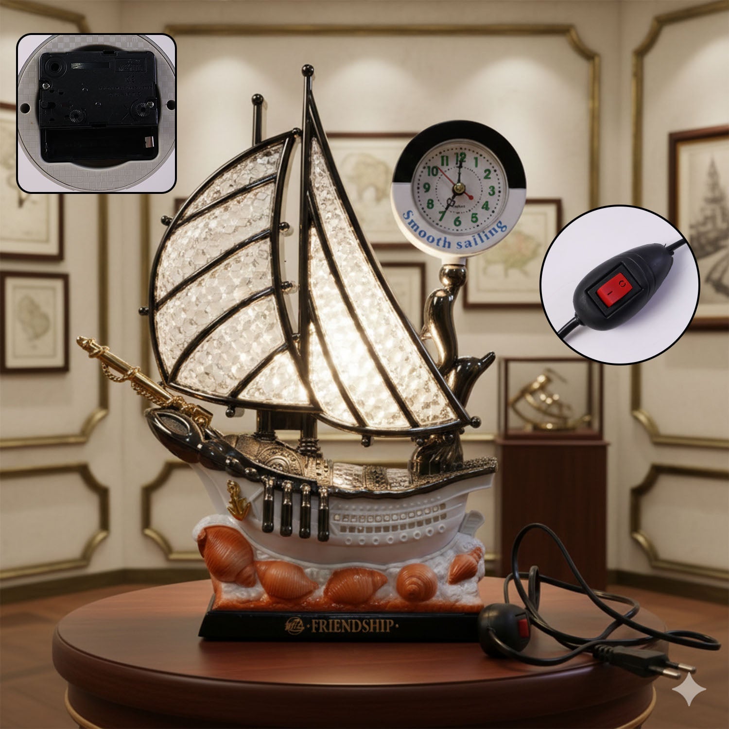 Analog clock on ship shaped decorative table lamp with warm LED