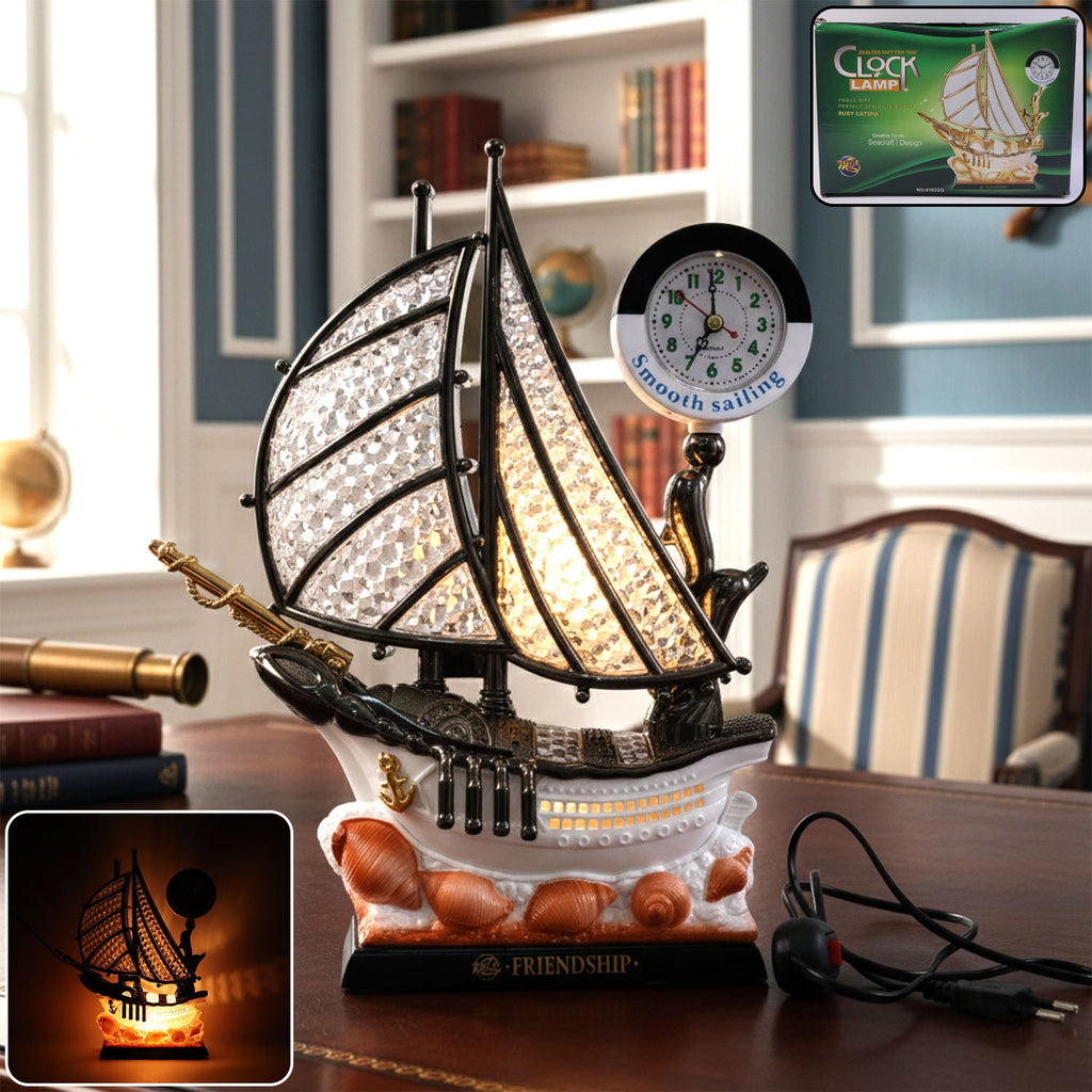 Ship shape clock lamp with warm LED light on white background