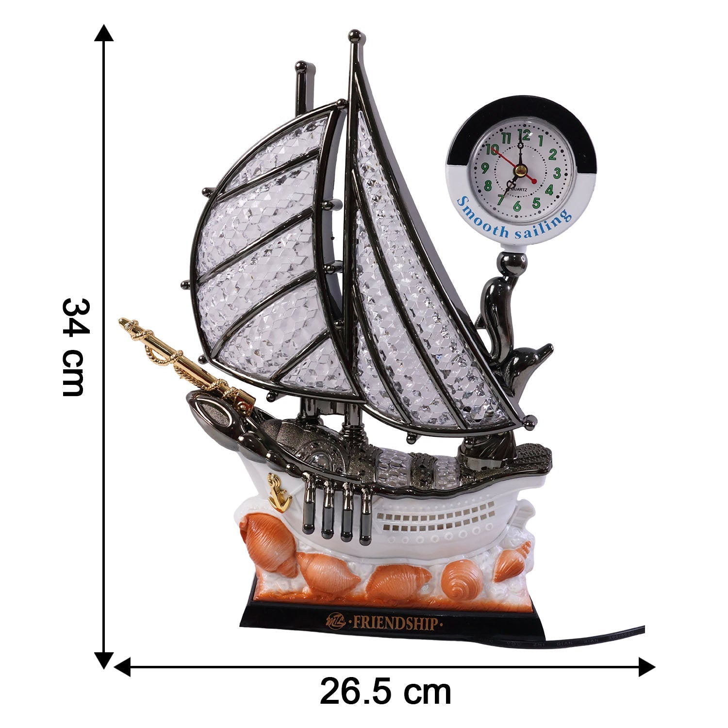 Dimensions illustration of ship shape clock lamp showing length width height
