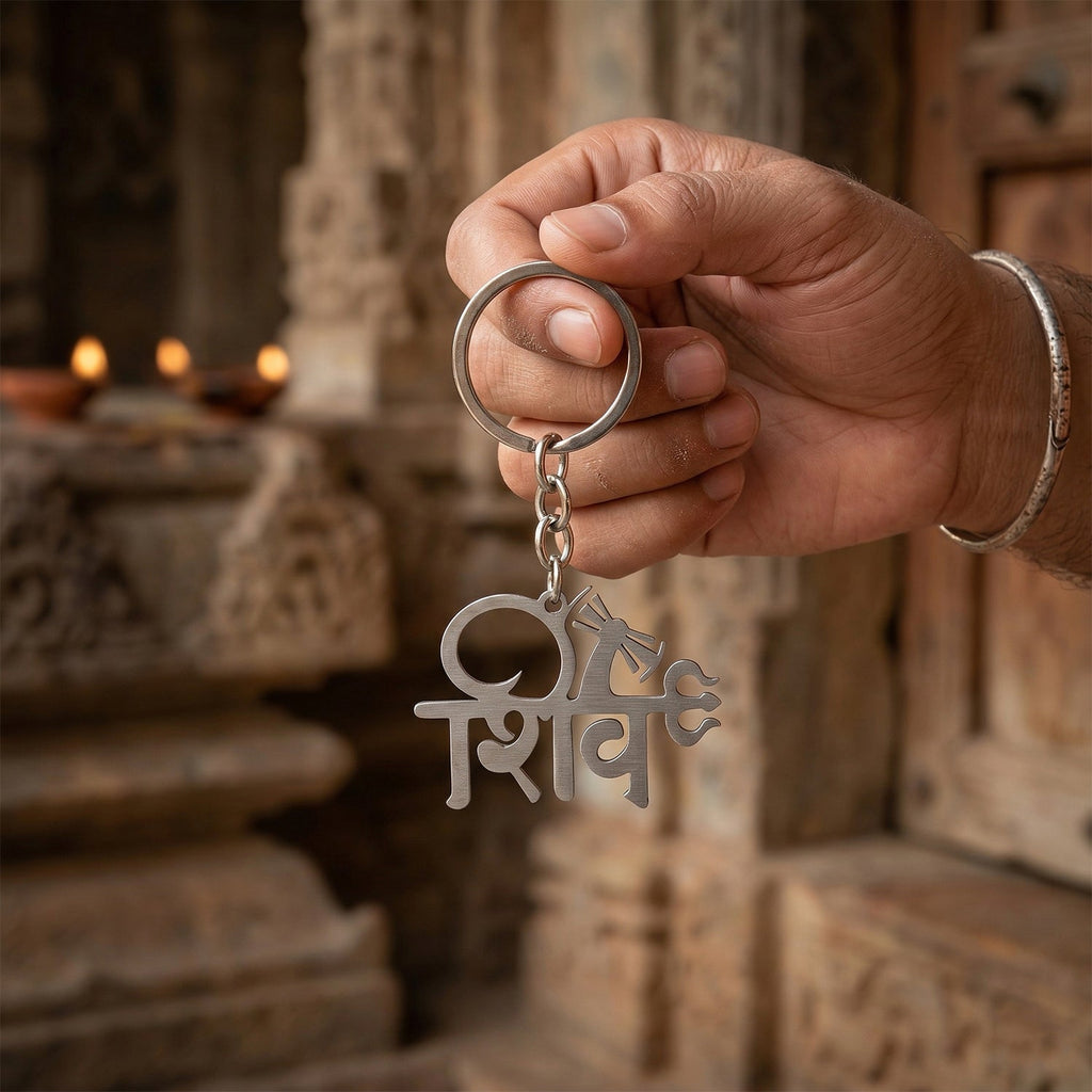 Close-up of intricately designed Shiv idol keychain